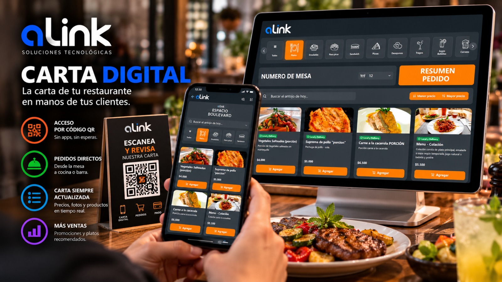 Carta digital con código QR aLink: el menú en el celular del cliente Carta digital con código QR de aLink: un cliente revisa el menú QR del restaurante en su celular, con platos, fotos y precios