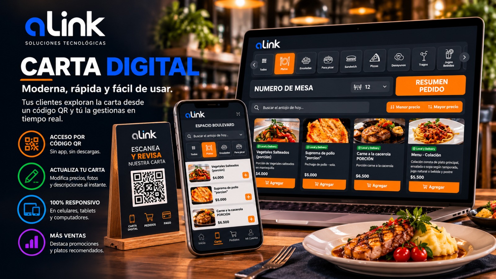 Carta digital para restaurantes aLink: menú con código QR Carta digital para restaurantes aLink: menú digital en un computador y en un celular, junto al código QR de mesa para escanear y revisar la carta