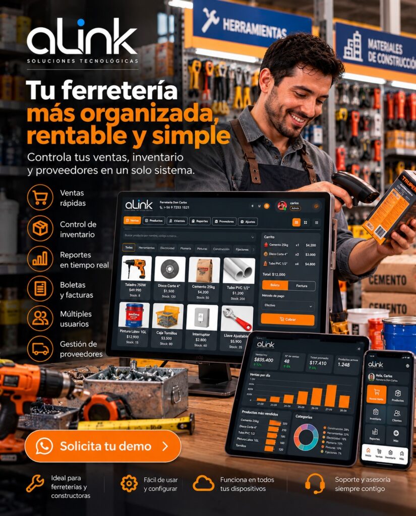 Software para ferreterías aLink: tu ferretería más organizada, rentable y simple; solicita tu demo por WhatsApp